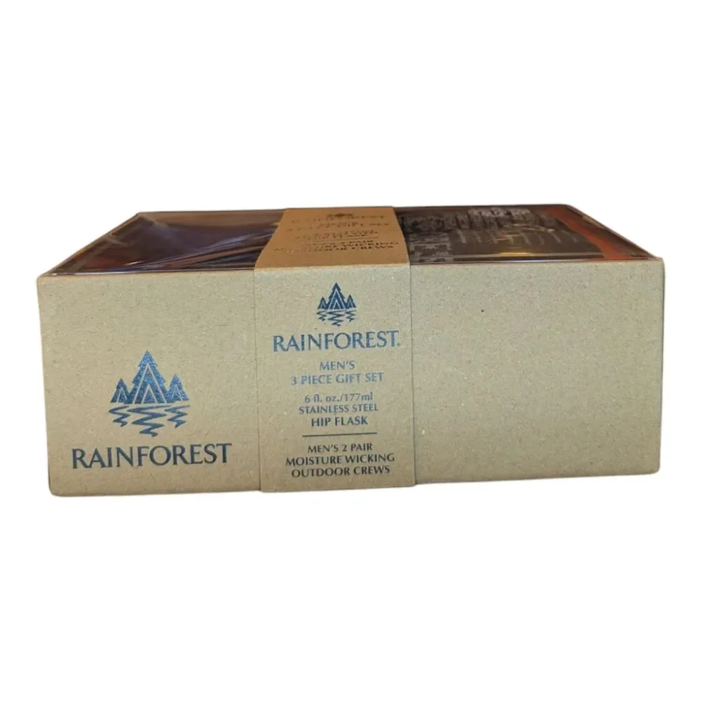 Rainforest 3 Piece Gift Set with 2 Pair Crew Socks and Stainless Steel Hip Flask